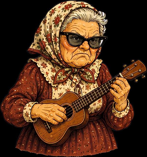 Reference: A grumpy grandma in a headscarf and sunglasses playing the ukulele