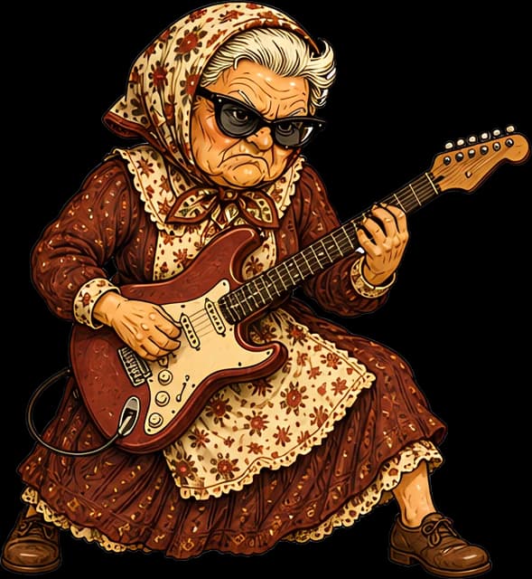 The same grandma playing an electric guitar